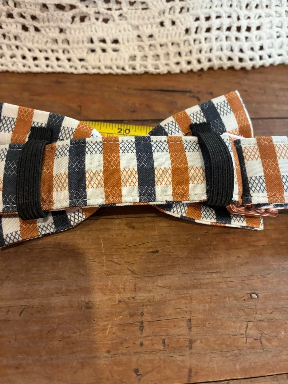 Striped Bow Tie Dog Collar in Tan, Adjustable to 25” New